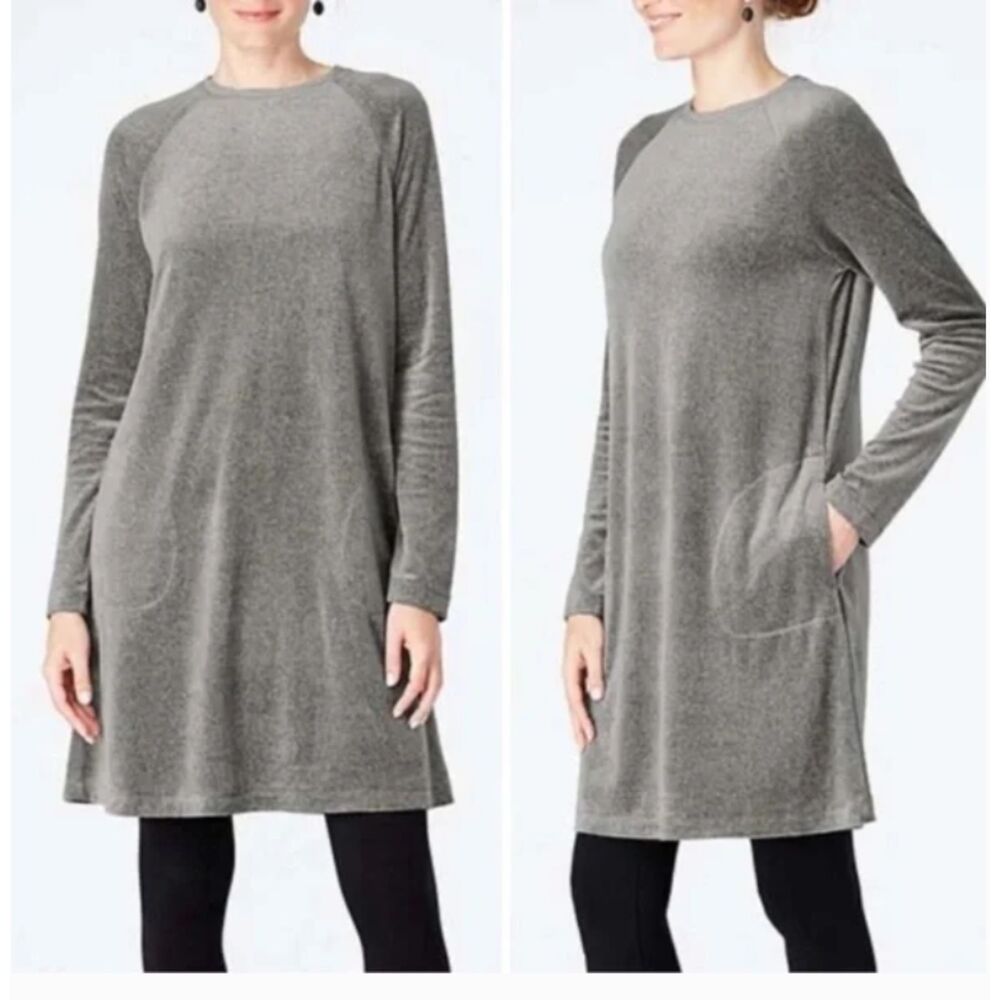 Pure Jill Gray Velvet Long Sleeve Cotton Blend Pockets Mini Dress Sz M